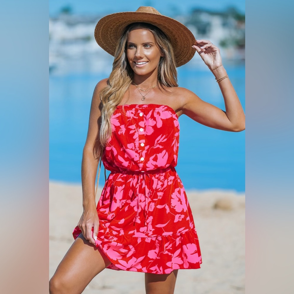 NEW Cupshe • Fuchsia Floral Tie Waist Mini Tube Dress